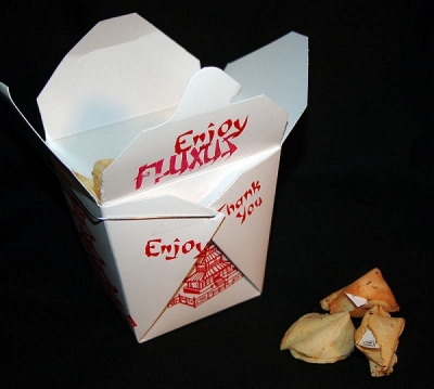 47 Years of Good Flux -2009 Keri Marion & Justin Lewis, fortune cookies, chinese carry out, fluxus, fluxus artist, artists, box assemblage,  collage, collage museum